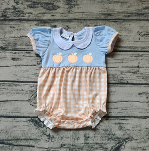 Short sleeves embroidery pumpkin baby girls plaid fall romper