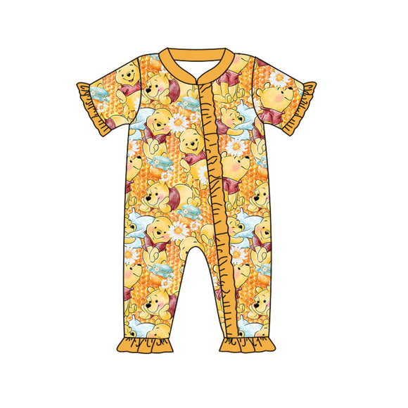 Yellow short sleeves floral bear baby girl zipper romper