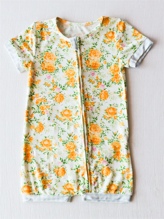 Short sleeves yellow floral baby girls zipper romper