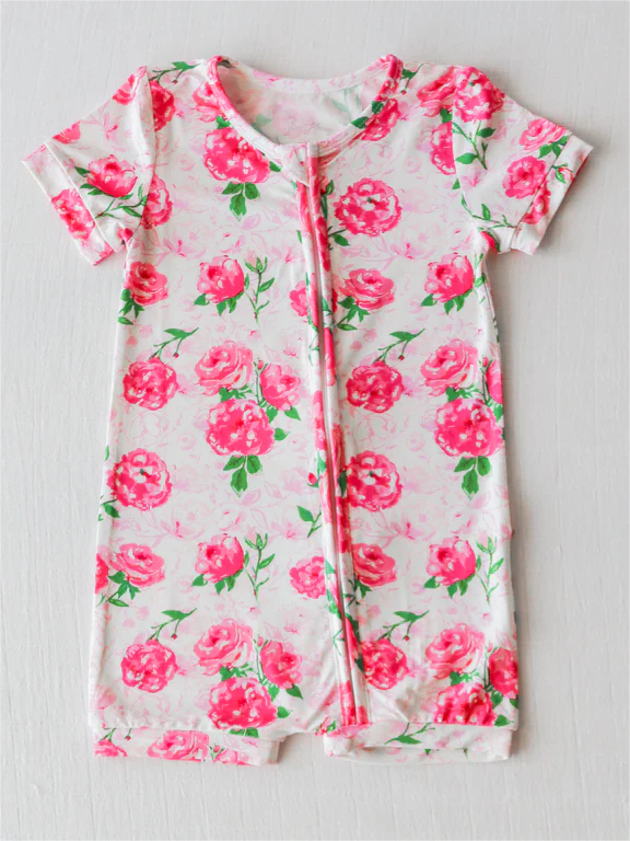 Short sleeves pink floral baby girls zipper romper