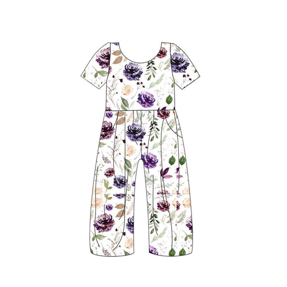 Deadline May 20 pre order Short sleeves purple floral pocket kids girls jumpsuit
