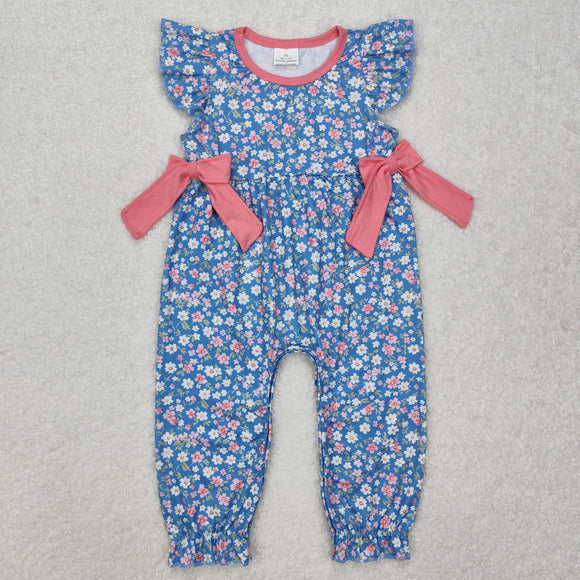 SR2166 Baby Girls floral bow flying sleeve romper