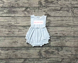 Pre-ordre SR2203 Baby Girl blue embroidery plaid sleeveless bow romper