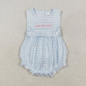 SR2203 Baby Girl blue embroidered plaid sleeveless bow romper