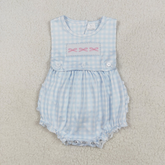 SR2203 Baby Girl blue embroidered plaid sleeveless bow romper