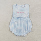 SR2203 Baby Girl blue embroidered plaid sleeveless bow romper