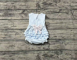 Pre-ordre SR2203 Baby Girl blue embroidery plaid sleeveless bow romper