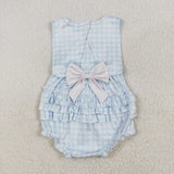 SR2203 Baby Girl blue embroidered plaid sleeveless bow romper