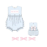 Pre-ordre SR2203 Baby Girl blue embroidery plaid sleeveless bow romper