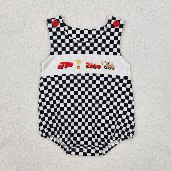 SR2207 Baby cartoon car white black plaid romper