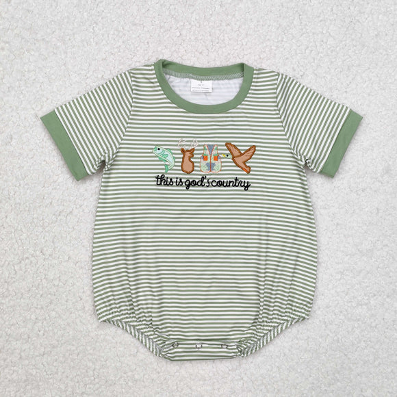 SR2263 embroidered Baby boys short sleeve green stripe romper