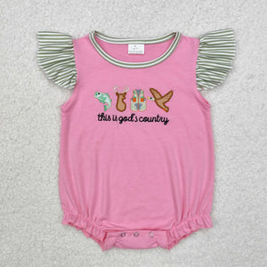 SR2264 Baby girls flying sleeve embroidered duck pinkromper