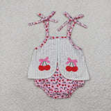 SR2279 Baby Girls pink Cherry suspenders romper