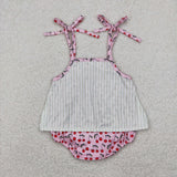 SR2279 Baby Girls pink Cherry suspenders romper