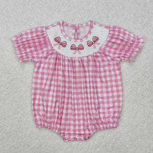 SR2325 Baby girls puff sleeve pink embroidered bow romper