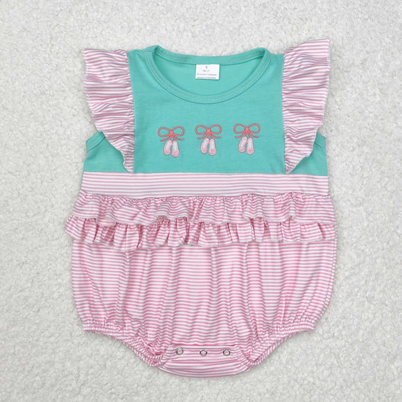 SR2326 Baby girls embroidered flying sleeve pink green romper