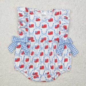 SR2353 4th of July  Baby girls sleeveless blue bow romper