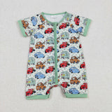 SR2373 Baby boys cartoon car green plaid zipper romper