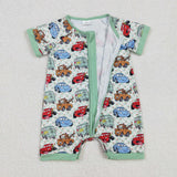 SR2373 Baby boys cartoon car green plaid zipper romper