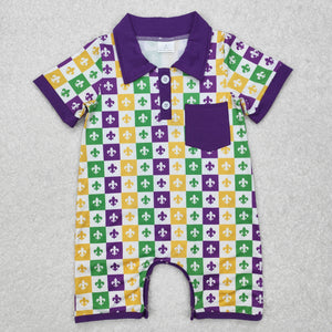 SR2385 Baby Mardi Gras plaid pocket romper