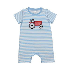 SR2406 Baby boys embroidered tractor blue romper