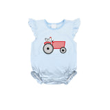 Pre-ordre SR2407 Baby girls flying sleeve embroidery tractor blue romper