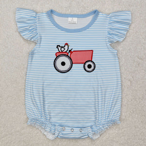 SR2407 Baby girls flying sleeve embroidered tractor blue romper