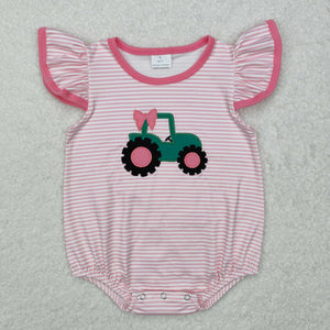 SR2432 Girls flying sleeve embroidered tractor  romper