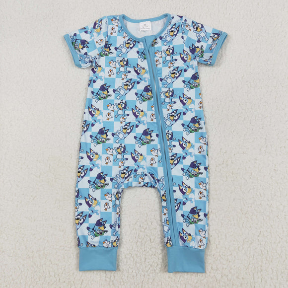 SR2454 Baby girls cartoon dog blue short sleeve zipper romper