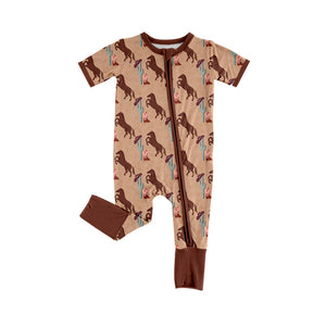 Pre-order SR2487 Baby brown short sleeve horse zipper romper  (Deadline Jan.11)