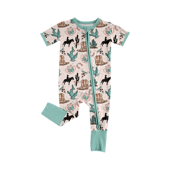 Pre-order SR2488 Baby green short sleeve horse zipper romper  (Deadline Jan.11)