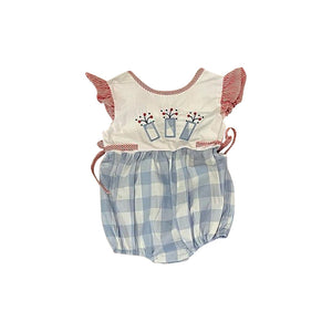 Pre-order SR2502 Baby girls red stripe flying sleeve blue checked romper  (Deadline Jan.13)