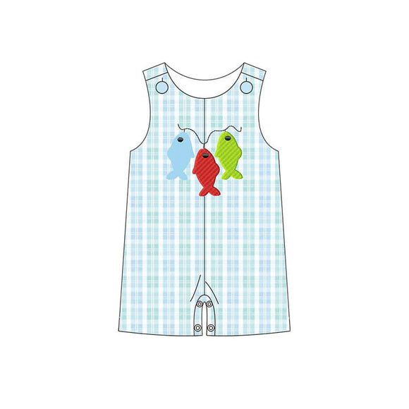 Pre-order SR2517 Baby sleeveless fish blue green checked romper  (Deadline Jan.14)