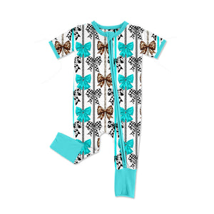 Pre-order SR2519 Baby short sleeve blue black bow zipper romper  (Deadline Jan.14)