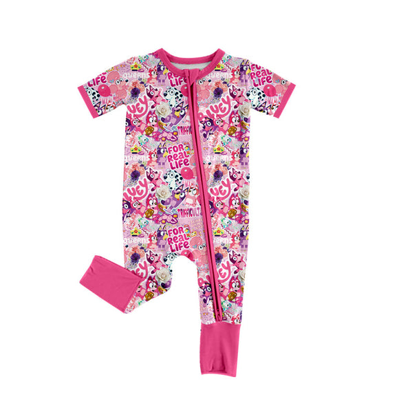 Pre-order SR2527 Baby girls short sleeve rose cartoon dog zipper romper  (Deadline Jan.15)