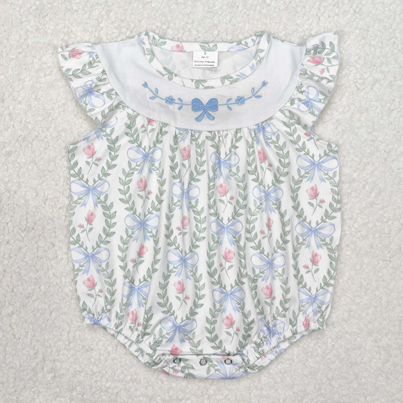 SR2543 Baby girls flying sleeve embroidered  bow blue romper