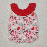 SR2582 Easter  Baby girls sleeveless red floral collar Strawberry romper