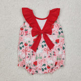 SR2582 Easter  Baby girls sleeveless red floral collar Strawberry romper