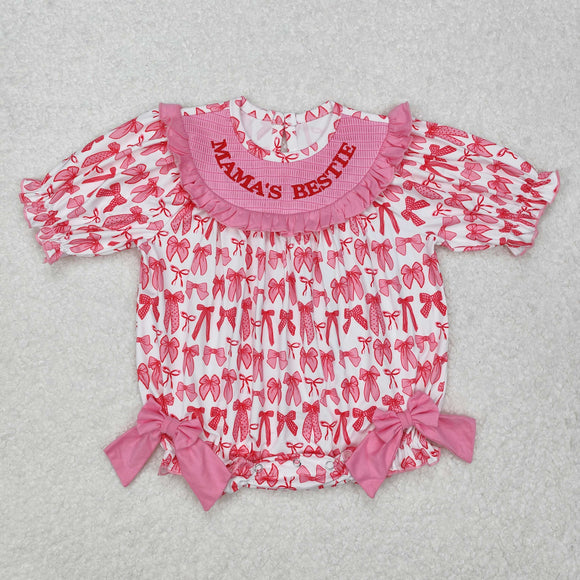 pre order SR2620 Baby Girls pink bow MAMA'S BESTIE SMOCKED romper