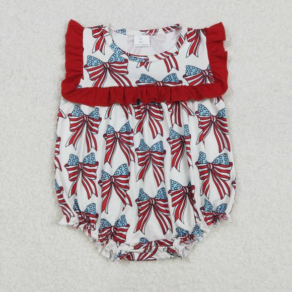 SR2664 Baby girls July Fourth bow red floral sleeve romper