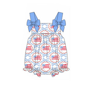 Pre-order SR2691 Baby girls July Fourth blue bow romper (Deadline Feb.8)