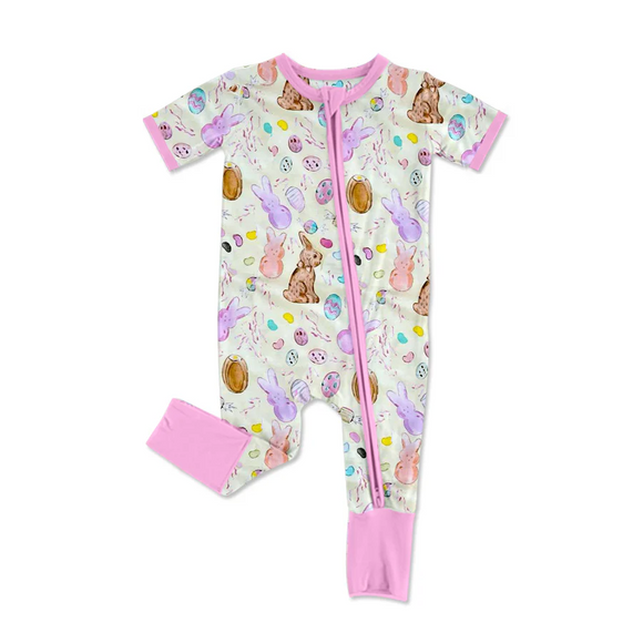 Pre-order SR2712 Baby girls Easter short sleeve bunny zipper romper (Deadline Feb.12)