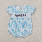 SR2784 Baby girls puff sleeve blue floral embroidered bow romper