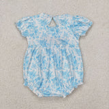SR2784 Baby girls puff sleeve blue floral embroidered bow romper
