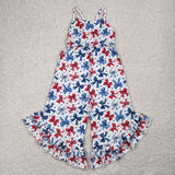 SR2865 baby girls July Fourth blue red bow Jumpsuit