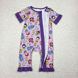 SR2870 Baby girls floral short sleeve princess purple zipper romper