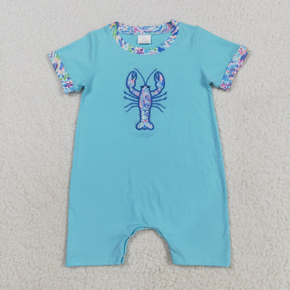SR3044 Baby boys blue embroidered crayfish romper