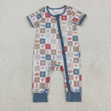 SR3098 Baby boys blue short sleeve cow checkered zipper romper