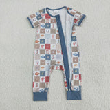 SR3098 Baby boys blue short sleeve cow checkered zipper romper