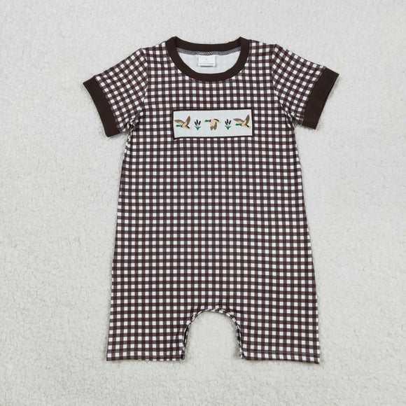 SR3164 baby boys short sleeve embroidered duck brown checkered romper